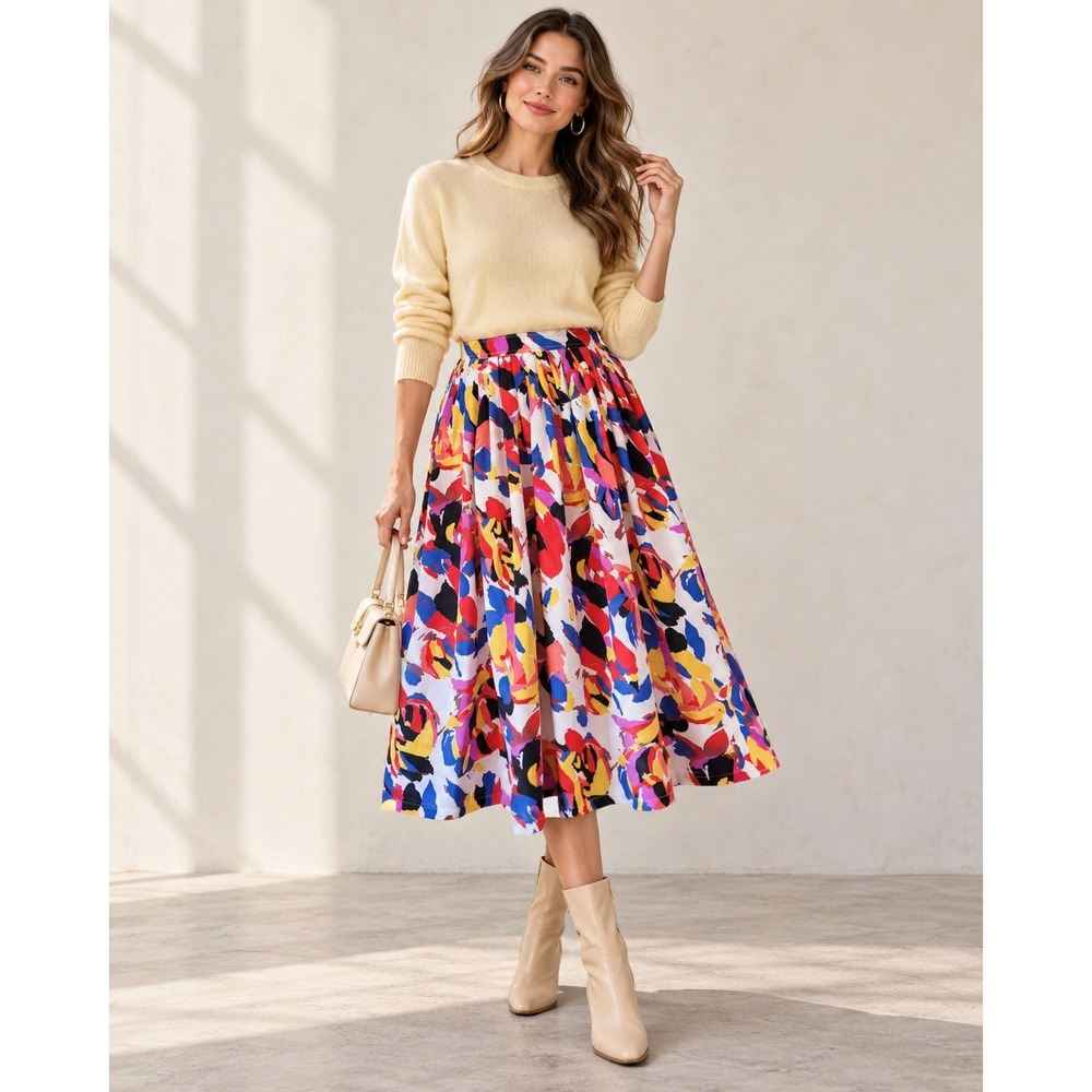 90s Handmade Multicolor Abstract Pleated Midi Skirt High Waisted A-Line